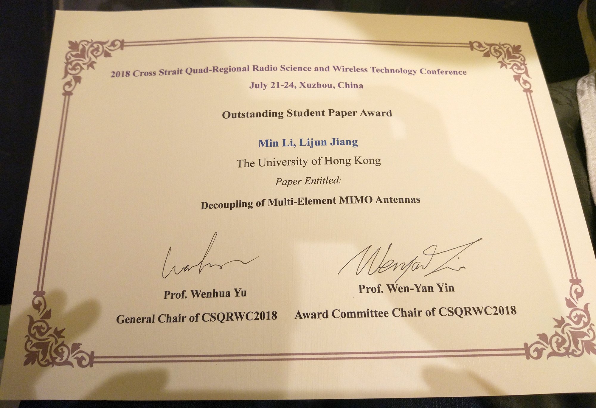 mr min li won the outstanding student paper award csqrwc 2018