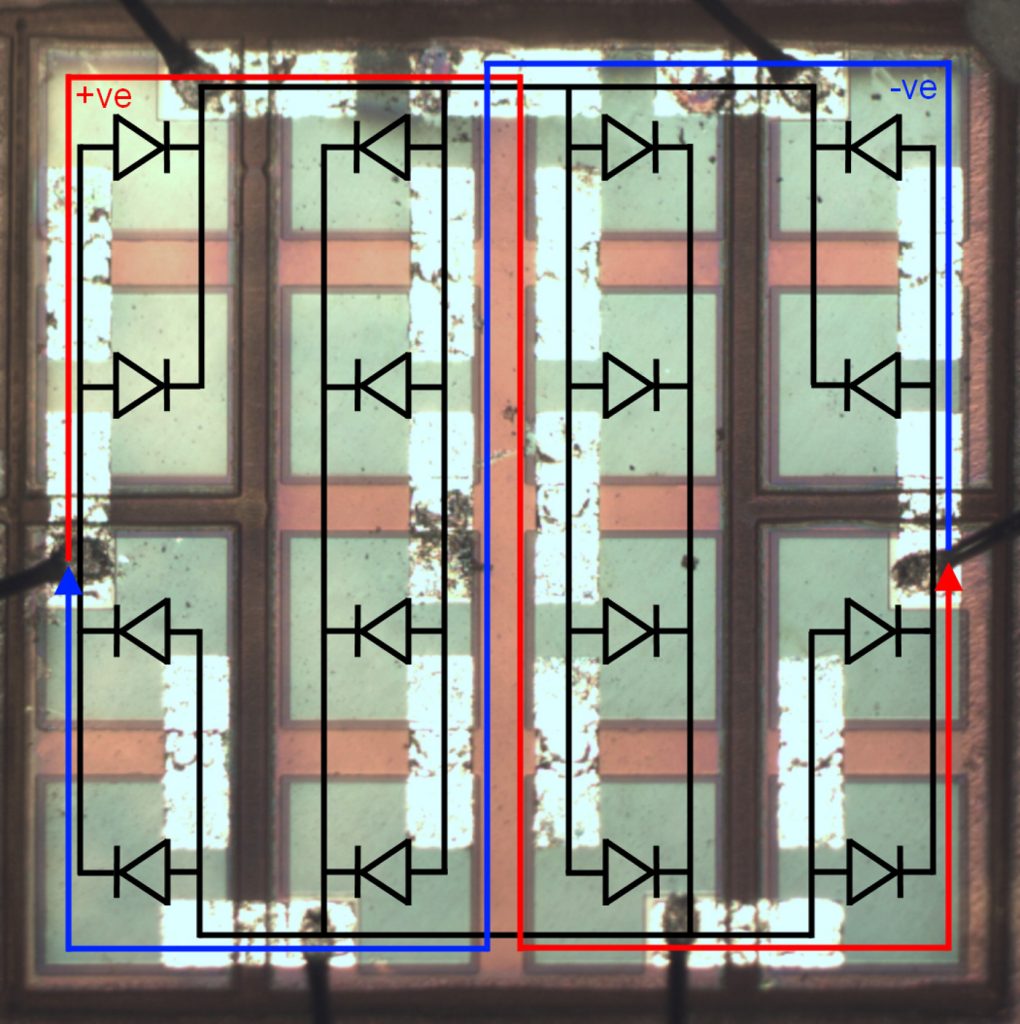 Interconnected alternating-current light-emitting diode arrays isolated by laser micromachining