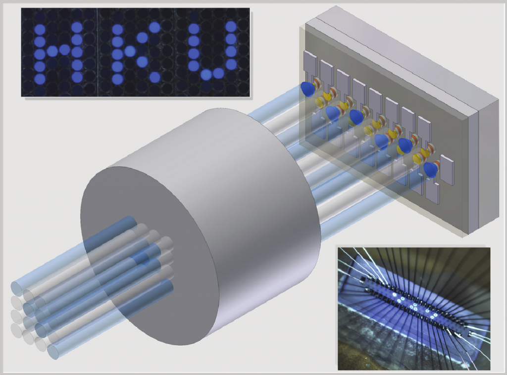 Pixel-to-pixel fiber-coupled emissive micro-light-emitting diode arrays